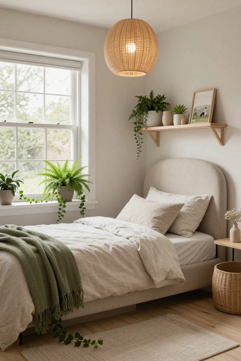 Cozy bedroom interior featuring a beige upholstered bed with white linens and green throw, trailing ivy from windowsill over bed, potted ferns and plants on sill and floating shelves, rattan pendant light, and neutral walls with hardwood floor.
