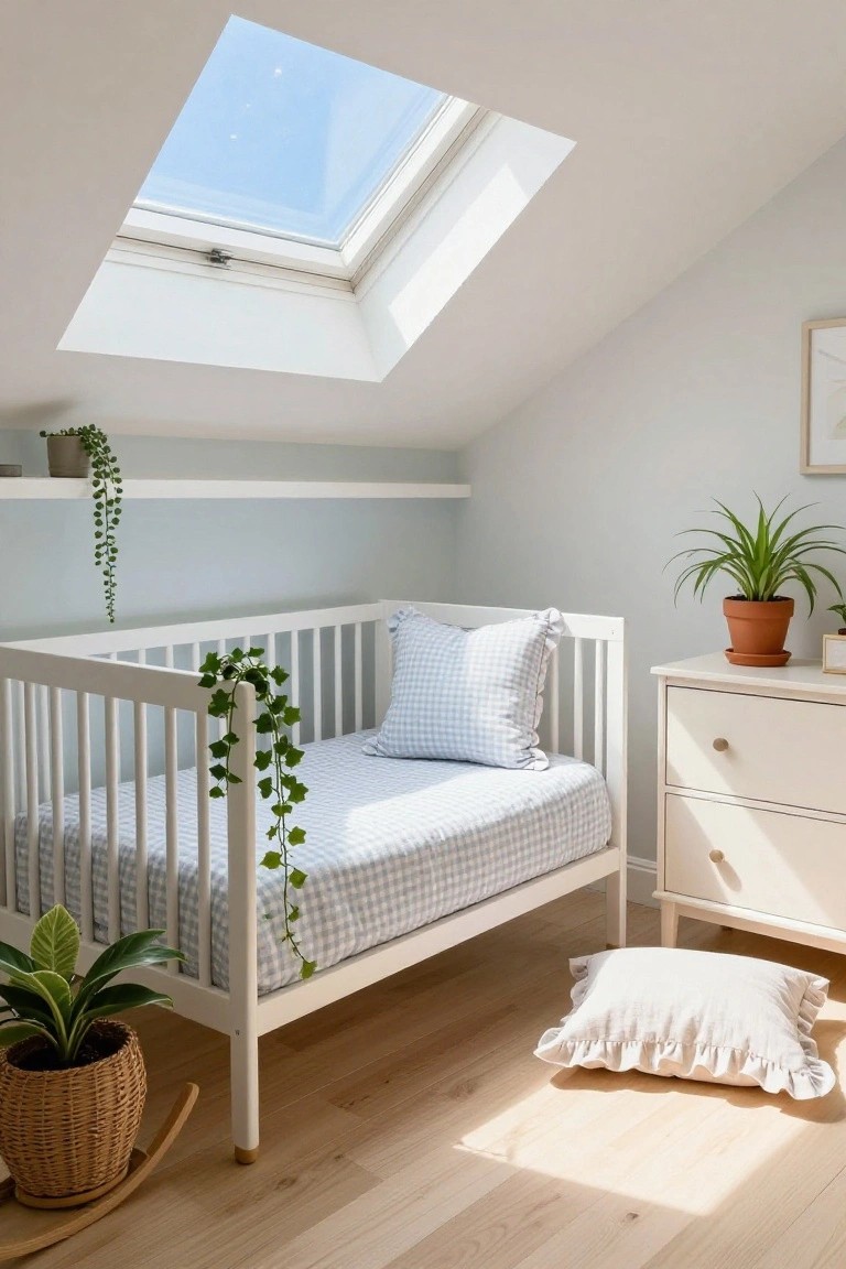 White wooden crib with light blue gingham bedding and trailing green ivy draped over the rails, in a pale blue nursery room with sloped ceiling, skylight, potted plants on shelves and floor, wooden dresser, and light oak hardwood floors.