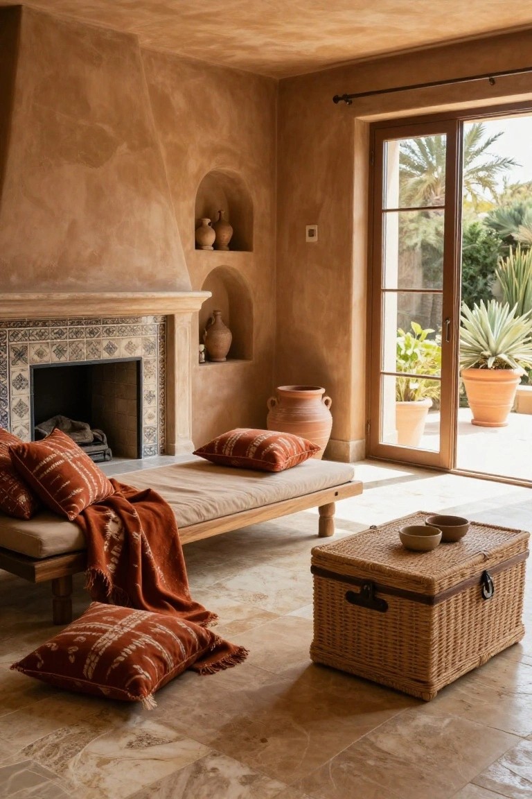 Ochre textured walls in a living room with arched niches holding terracotta pots, a low wooden daybed piled with orange cushions and throws, a fireplace with blue and white tiled surround, a woven trunk table, and sliding doors opening to potted plants and palms.