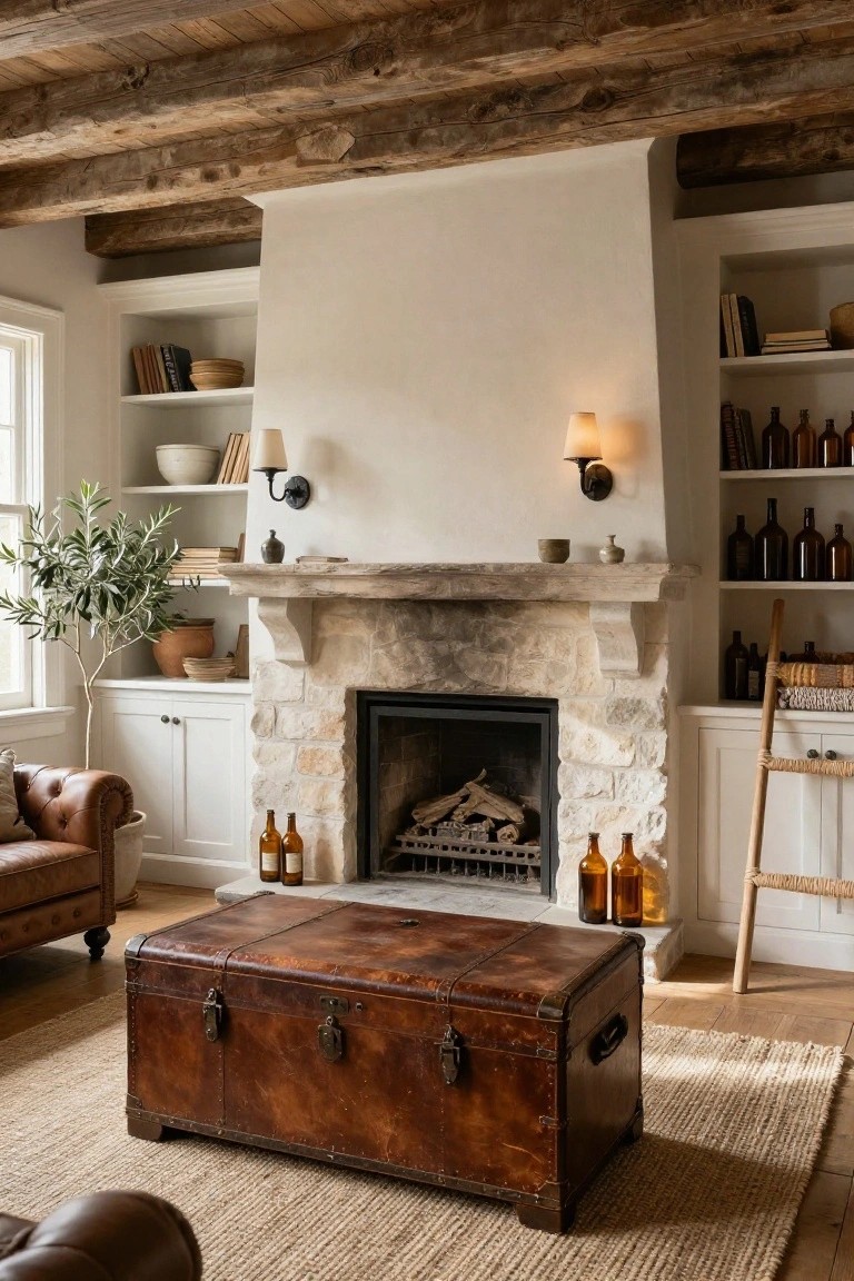 Living room with exposed wooden ceiling beams, a large stone fireplace flanked by white built-in shelves stocked with books, ceramics, bottles, and plants, a brown leather armchair, and a prominent brown leather trunk serving as a low coffee table on a beige jute rug.