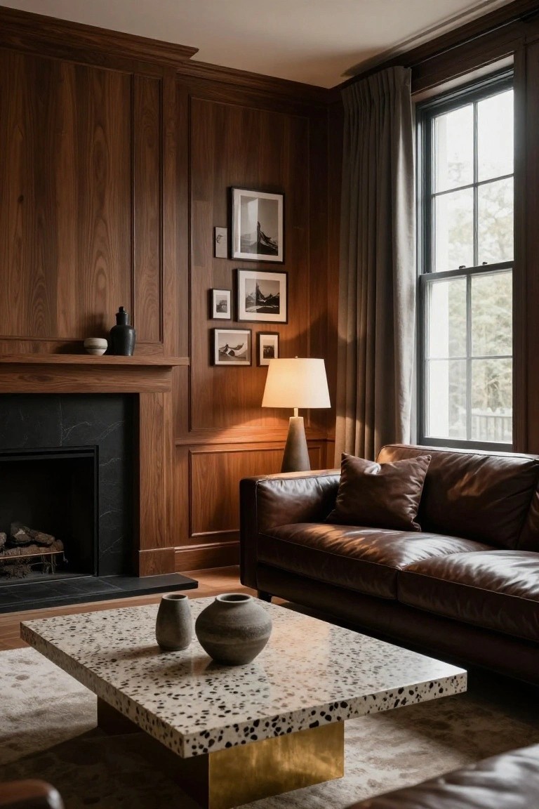 A living room with dark wood paneled walls, black stone fireplace, brown leather sofa, terrazzo coffee table with gold legs, ceramic vases, framed black-and-white photos, lamp, and large window with gray curtains.