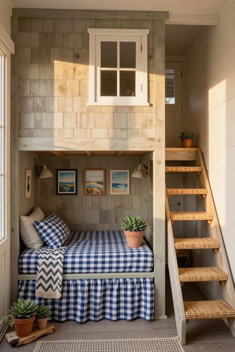 Small interior room with elevated wooden bunk bed dressed in blue checkered bedding and zigzag throw, accessed by adjacent woven stairs, shiplap walls, wall sconces, beach artwork, and potted succulents.