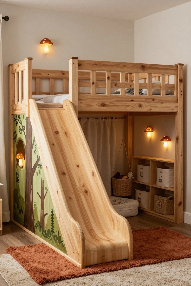 Wooden bunk bed loft with integrated slide painted in forest tree design, mushroom wall lights, storage shelves, and neutral bedding in a child's bedroom.