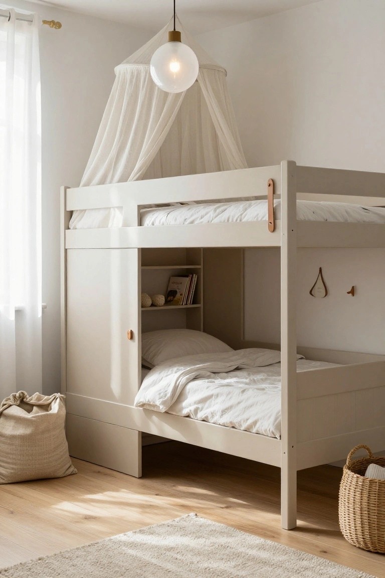 White wooden bunk bed in a light bedroom with sheer canopy over top bunk, open cabinet door revealing shelves and books on the side, neutral bedding on lower bunk, beige jute rug and basket on wood floor.