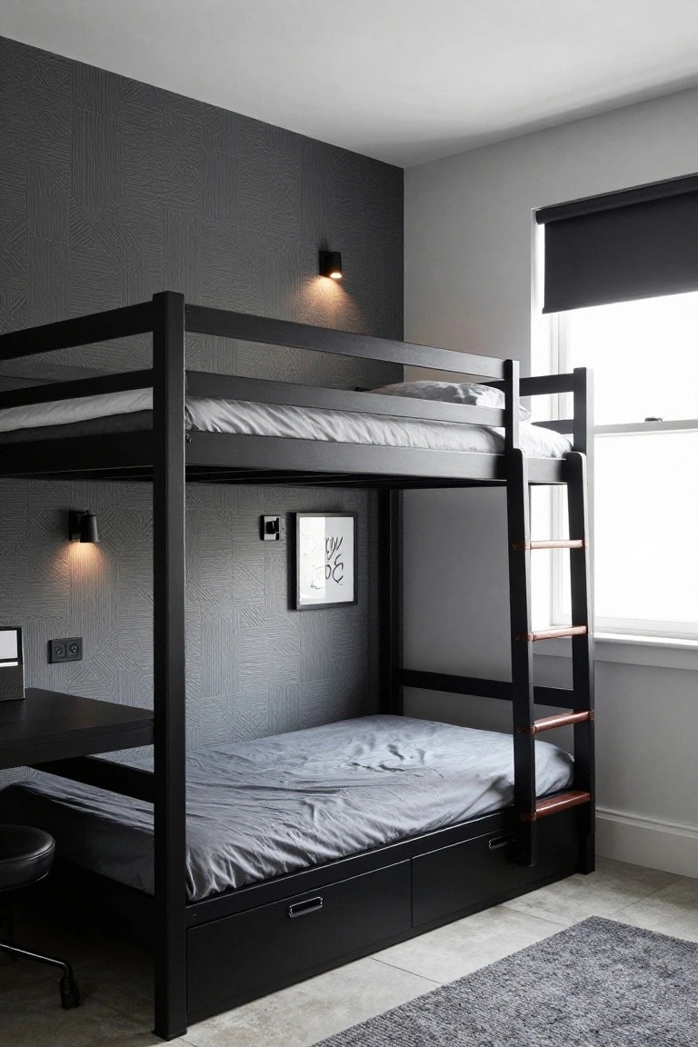 Black wooden bunk bed with gray bedding on upper and lower bunks, black desk and swivel chair under the lower bunk, wall sconces, and dark gray textured wall in a compact bedroom.
