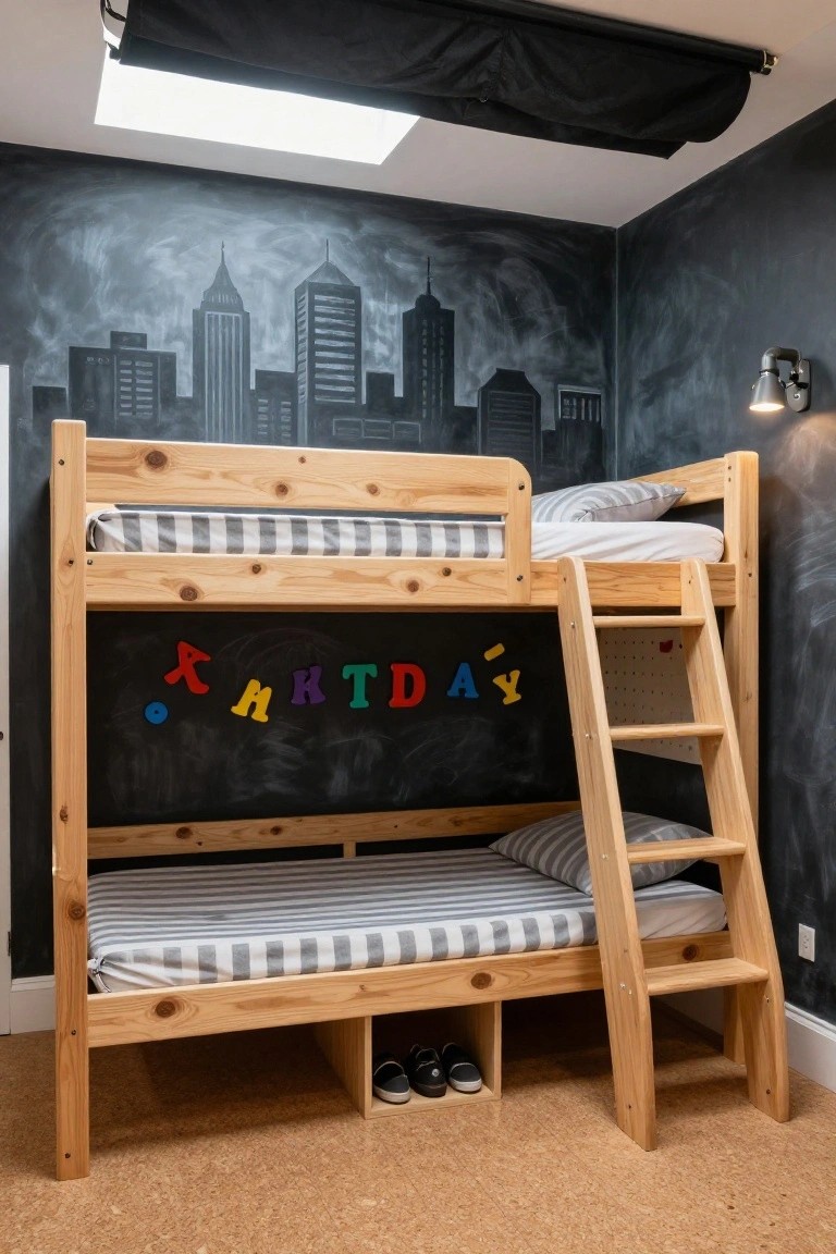 Wooden bunk bed against a chalkboard-painted wall with a drawn city skyline mural and colorful chalk letters forming "HAPPY BIRTHDAY," striped bedding on both levels, shoes in under-bed storage, and cork flooring in a dark-walled room.