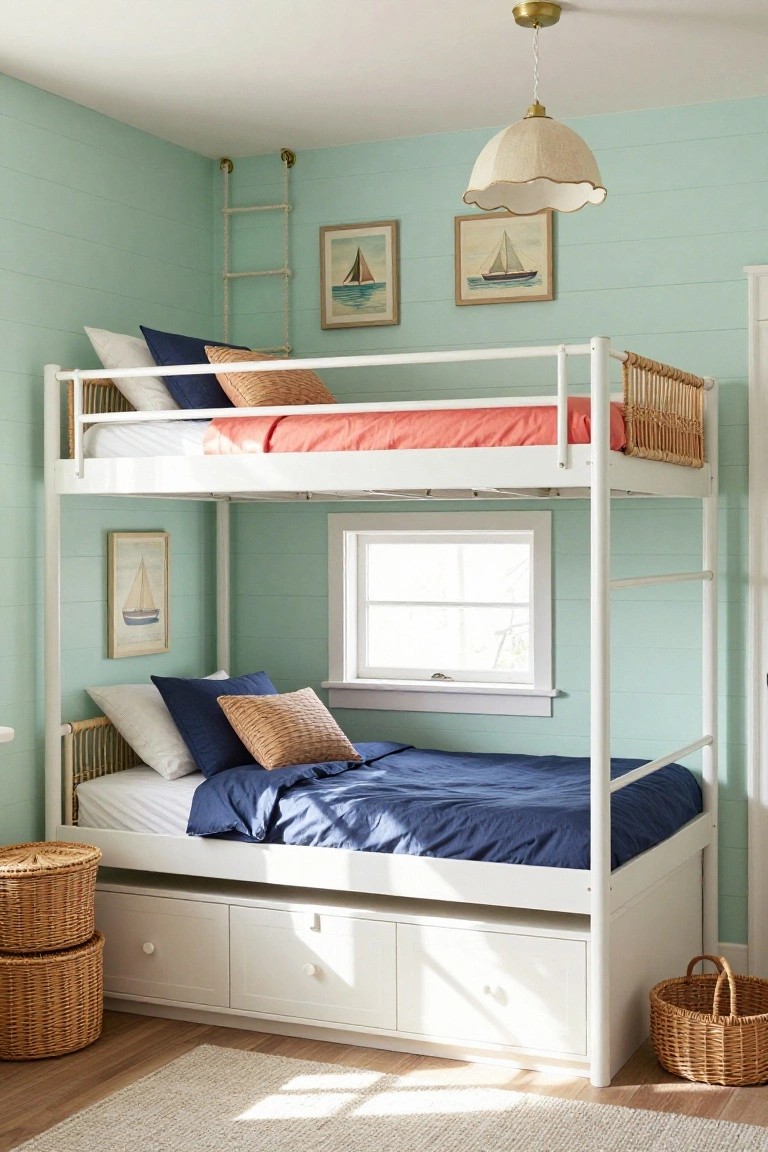 White bunk bed with rope ladder access to the upper bunk featuring orange bedding, lower bunk with blue bedding and drawers, mint green shiplap walls, sailboat framed artwork, wicker baskets, and a window in a wood-floor bedroom.