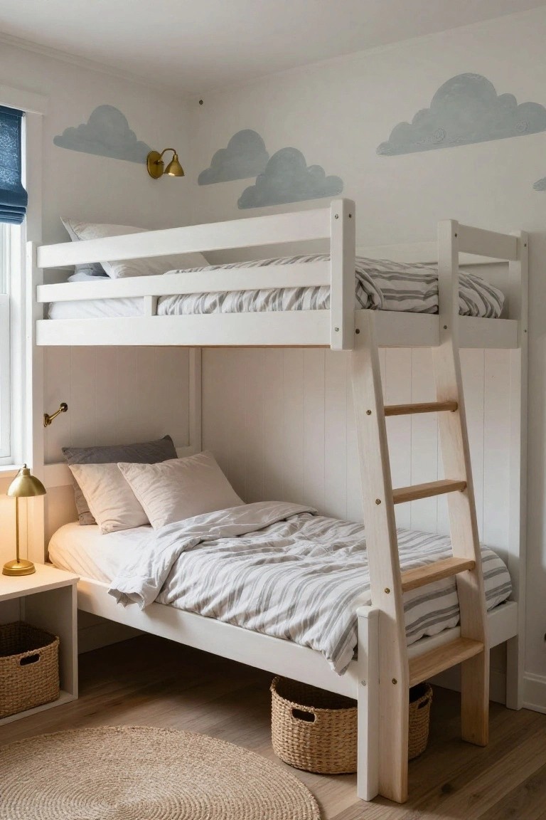 White wooden bunk bed with lower bunk made and upper bunk with pillows, wooden ladder at the end, gold bedside lamp, seagrass baskets, and cloud decals on walls in a light children's bedroom.