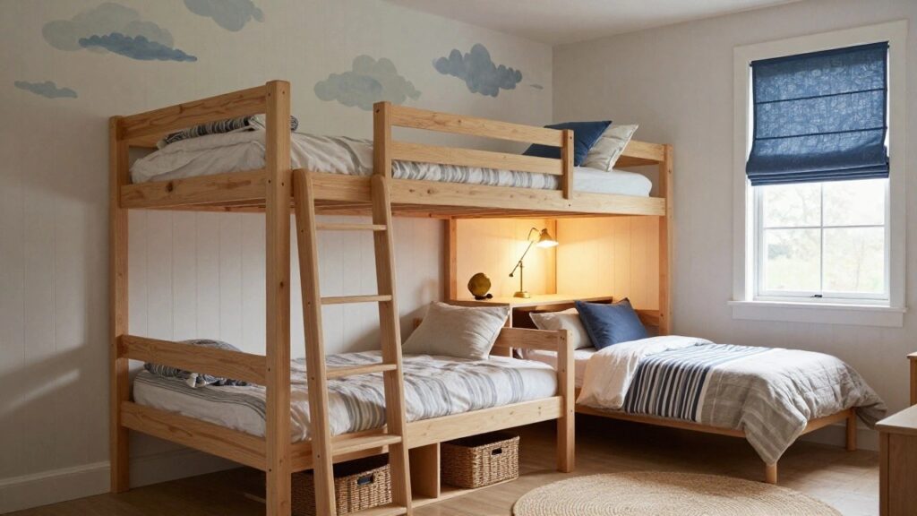 White wooden bunk bed with lower bunk made and upper bunk with pillows, wooden ladder at the end, gold bedside lamp, seagrass baskets, and cloud decals on walls in a light children's bedroom.