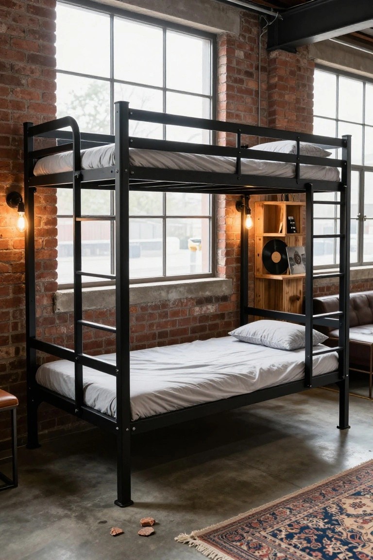 Black metal bunk bed with white bedding against exposed brick walls in a loft bedroom with large windows, wall-mounted lamps, wooden shelves holding records, leather stool, sofa, and patterned rug on concrete floor.