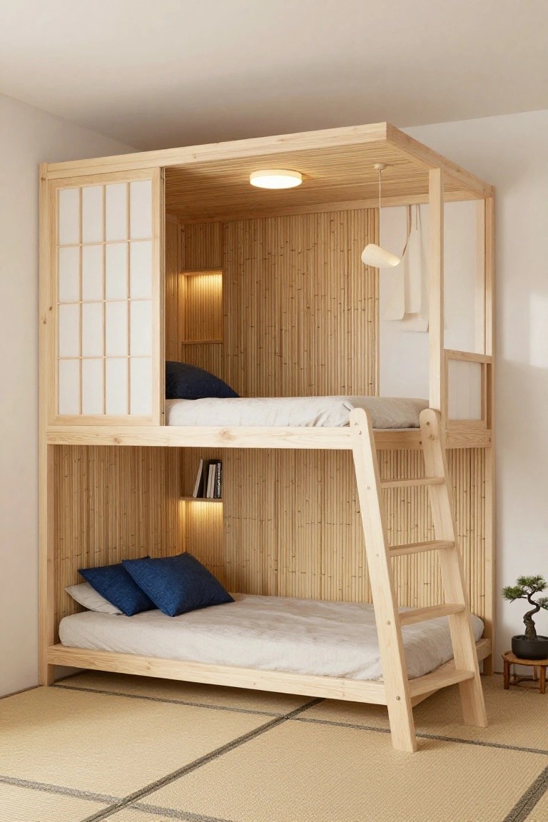 Corner wooden bunk bed featuring shoji sliding doors on one side, bamboo wall panels, integrated shelving and lighting, upper and lower mattresses, slanted ladder, tatami floor, bonsai plant nearby.
