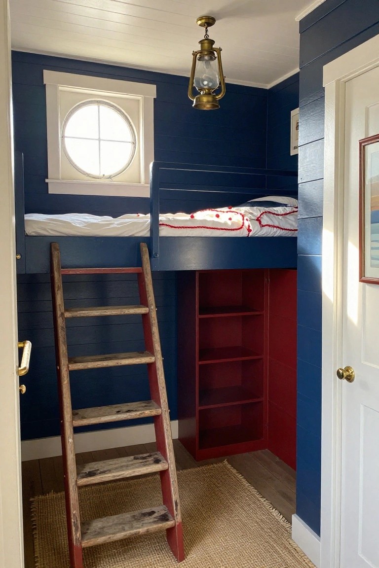 Small bedroom with navy shiplap walls, lofted bunk bed with white bedding accessed by red wooden ladder, red storage cabinet below, round porthole window, brass lantern light, and white door.