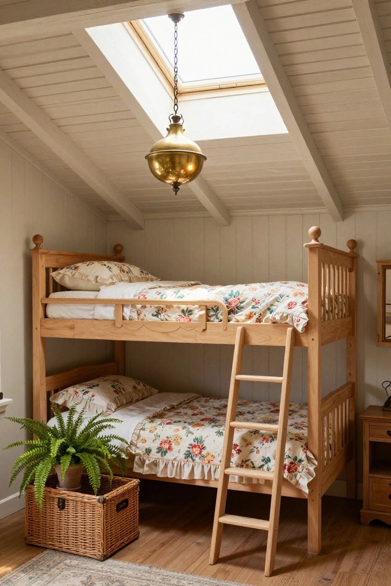 Wooden bunk bed with floral-patterned ruffled bedding on both levels, ladder on the side, in a light beige paneled attic room with skylight, brass pendant light, potted fern, and small nightstand.