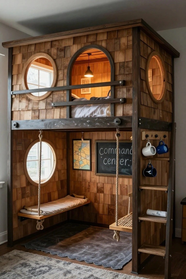 Wooden bunk bed structured like a treehouse with porthole windows, upper mattress, rope swing to lower hanging bench, chalkboard sign reading "Command Center," ladder, and mugs on hooks in a bedroom.