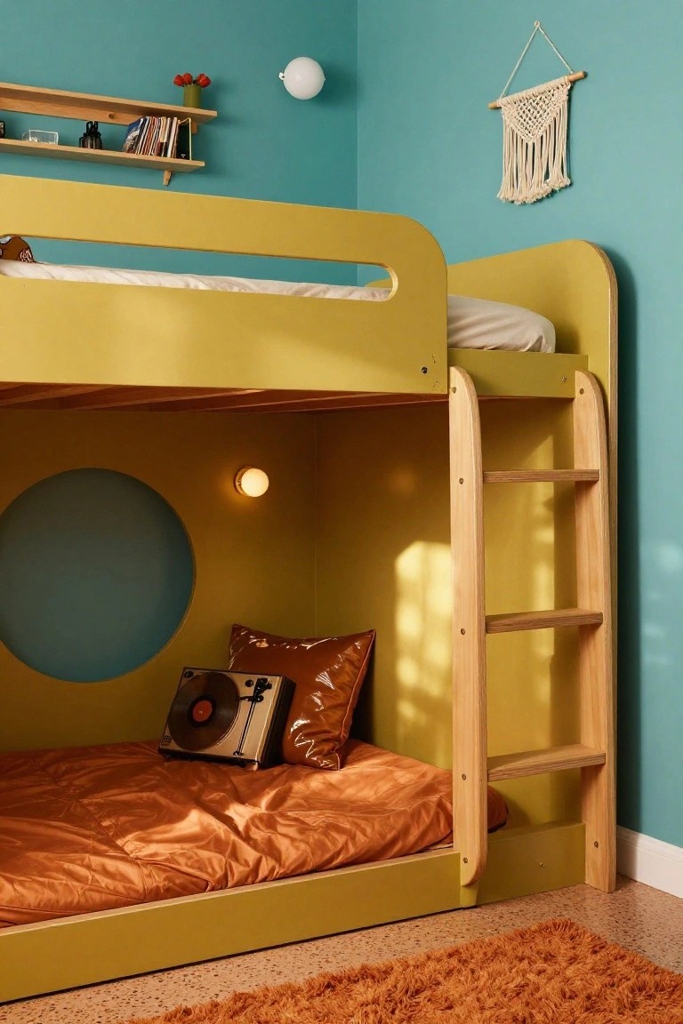 Yellow plywood bunk bed with ladder and round blue window cutout in lower bunk, orange bedding, turquoise walls, wooden shelves, and orange shag rug.