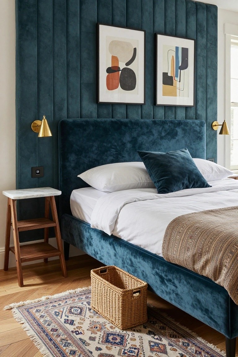 Bedroom with teal velvet tufted headboard and matching paneled wall, white bedding and teal pillow, two abstract framed prints, gold sconces, marble-top nightstand on wood stool, wicker basket, and patterned rug on hardwood floor.