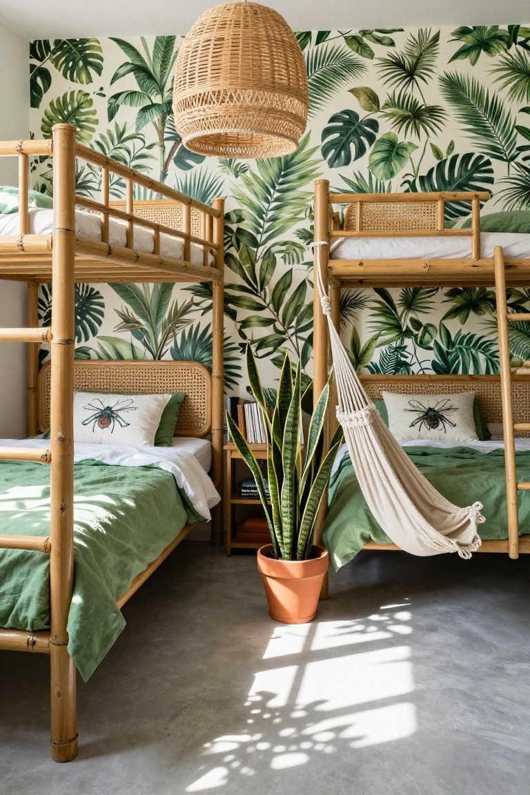 Two bamboo-framed bunk beds in a bedroom with green monstera leaf wallpaper, rattan headboards, green bedding, a hanging hammock, bookshelves, and a potted snake plant on a concrete floor.