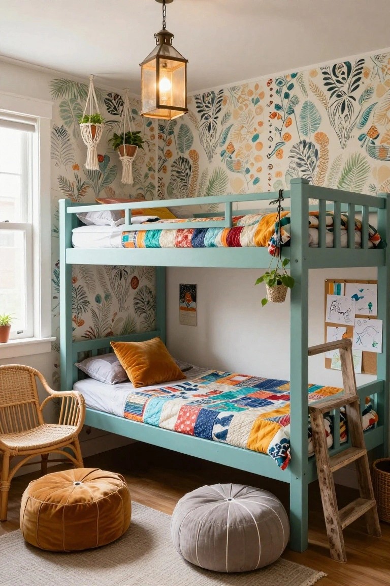 Mint green bunk bed against green and orange tropical leaf wallpaper in a bedroom, with colorful patchwork quilts on lower bed, hanging plants, rattan chair, and pouf ottomans on wood floor.