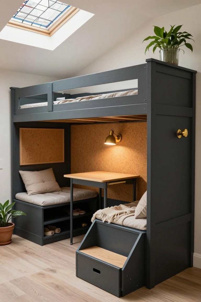 Gray bunk bed frame with enclosed lower section containing cork walls, wooden desk, cushioned bench seating, storage shelves, and wooden steps, in a bedroom with light wood floors, plants, and a skylight.