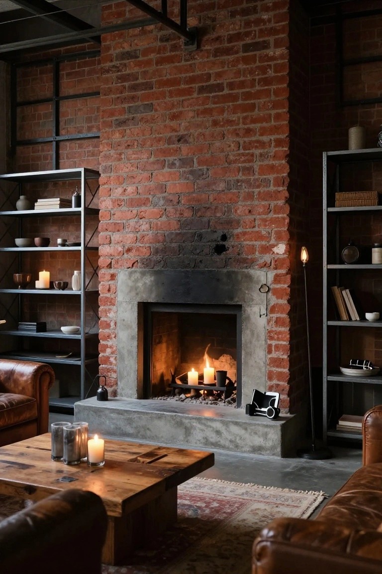 Living room with tall exposed red brick fireplace containing burning logs and candles, flanked by black metal shelving stocked with pottery and books, brown leather sofas around a reclaimed wood coffee table holding glassware and lit candles, warm firelight illumination.