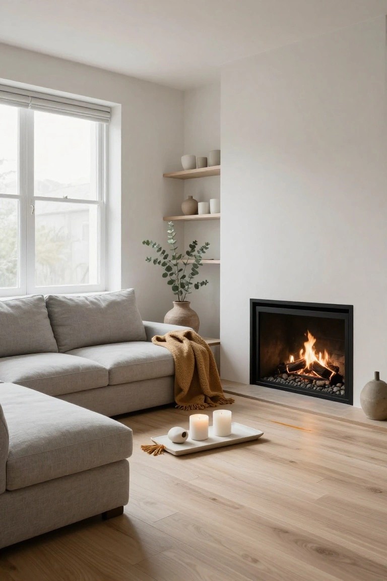 A cozy living room corner with a beige L-shaped sofa draped in a throw blanket, a lit gas fireplace with rocks, a floor tray holding white candles and small objects, potted eucalyptus, shelves with ceramics, and a window with blinds.