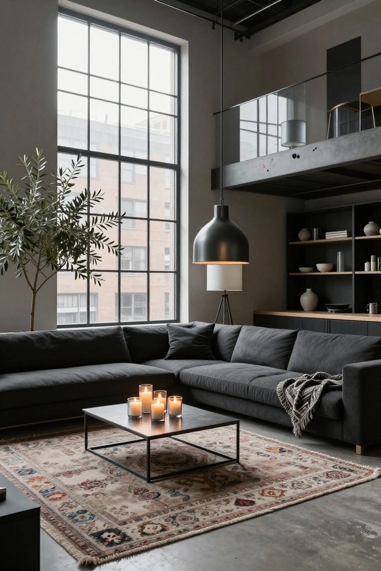Industrial loft living room with dark gray L-shaped sofa, black metal coffee table holding several pillar candles in glass holders, large black pendant lamp, potted olive tree by large grid windows, and patterned rug on concrete floor.