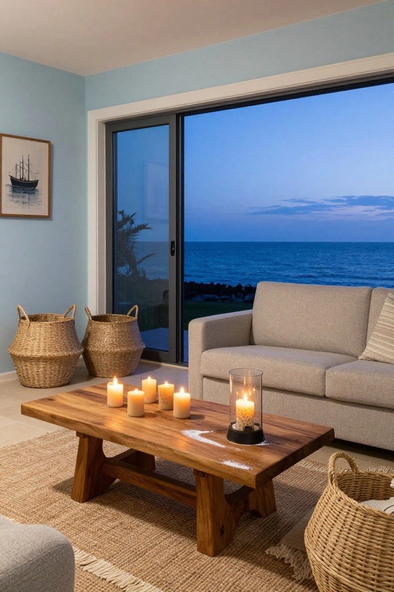 Cozy living room with a view of the ocean, candles, and woven baskets.