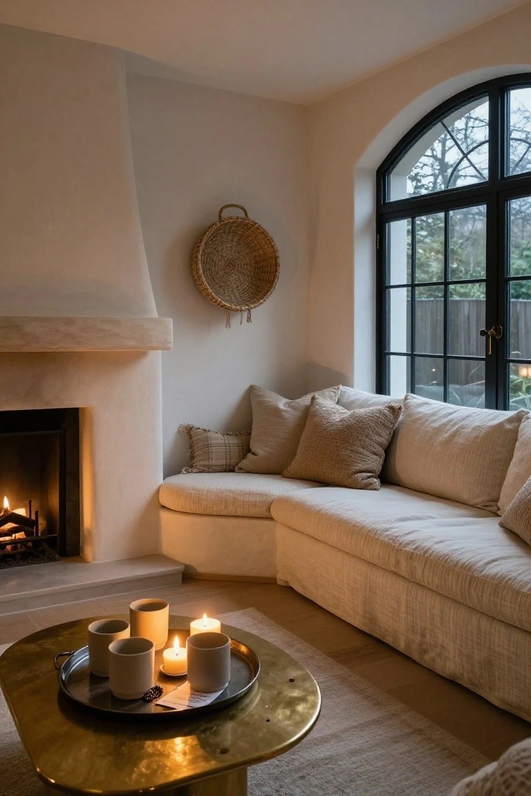 Cozy living room corner with limestone fireplace burning logs, curved beige built-in sofa with cream pillows, large arched black metal window with trees outside, woven wall basket, and oval brass tray on oak floor holding white candles, beige ceramic mugs and cups.