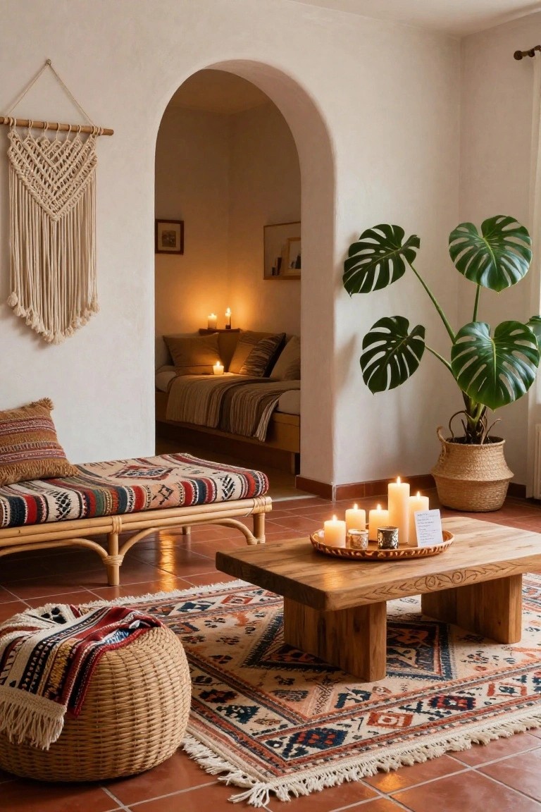 A bohemian-style living room interior with a low rattan daybed covered in patterned cushions, a wooden coffee table holding a tray of lit pillar candles, a large potted monstera plant, macrame wall hanging, woven pouf stool, patterned rug, and arched doorway leading to a candlelit bedroom on terracotta tile flooring.