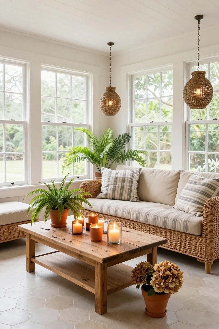 Sunroom with white paneled walls and ceiling, large multipane windows showing greenery outside, beige wicker sofa with striped pillows, wooden coffee table holding several lit candles in terracotta pots, potted ferns and hydrangeas, ottoman, and hexagonal beige floor tiles.