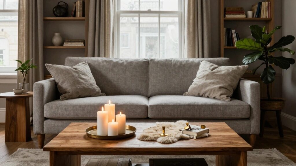 A neutral living room featuring a light gray linen sofa, wooden coffee table with multiple lit white pillar candles on a gold tray, white fireplace, floating shelves, and a large window with sheer curtains.