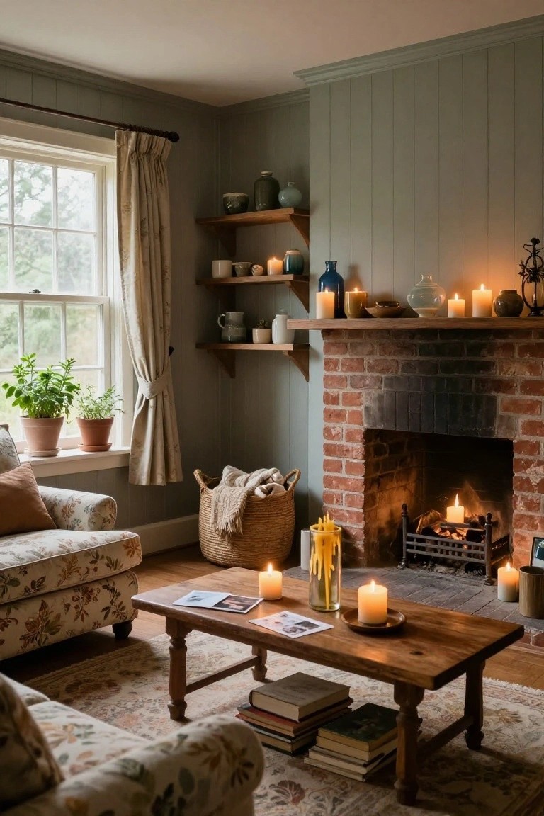 Cozy living room with sage green paneled walls, brick fireplace burning with logs, wooden shelves above holding assorted candles pottery and jars, floral upholstered sofa, wooden coffee table with books photos and candles, potted herbs on windowsill.