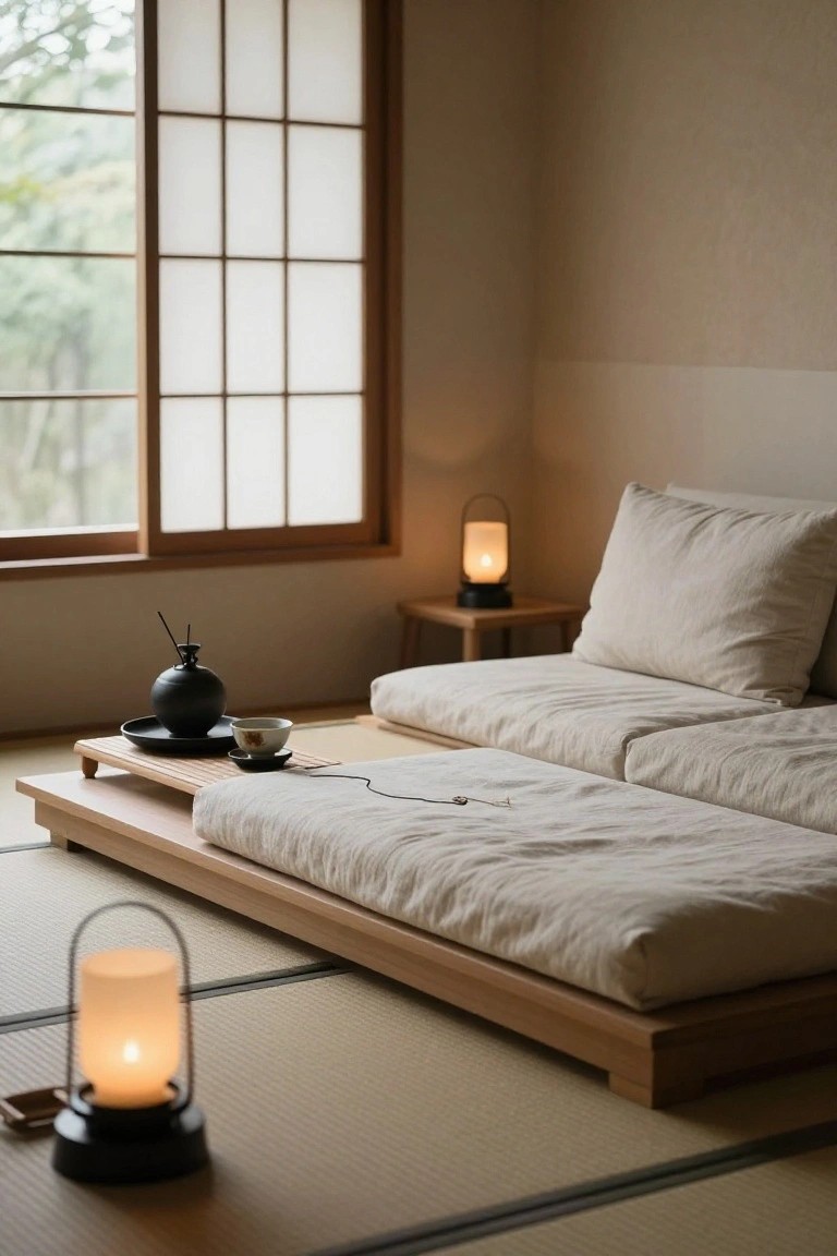Minimalist Japanese-style interior room on tatami mats with low wooden platform futon bed, small tray table holding black ceramic pot and white teacup, reed diffuser, and several paper lanterns with candles near shoji window.