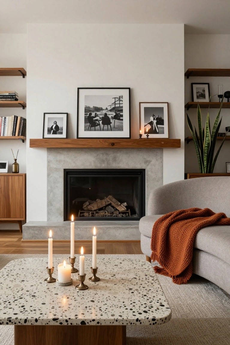 A living room featuring a concrete fireplace with burning logs, wooden mantel and shelves holding black and white framed photos and books, a gray curved sofa with orange throw blanket, wooden credenza, snake plant, and a white terrazzo coffee table with brass candlesticks holding lit white taper candles.