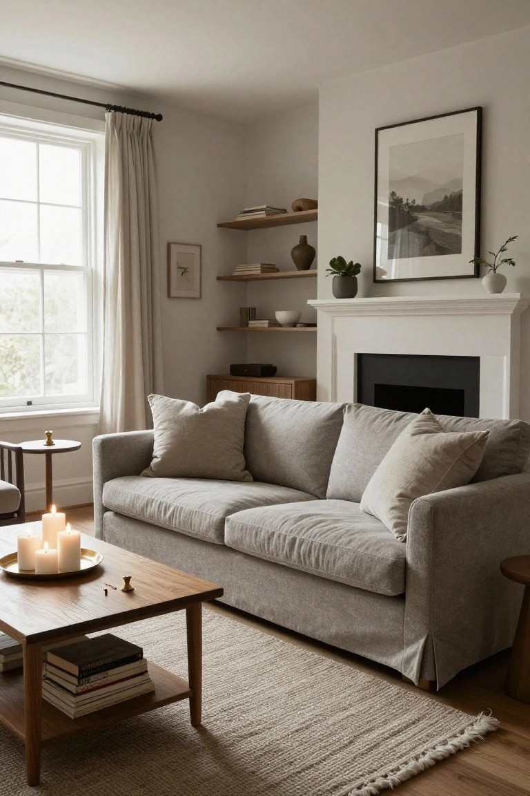 A neutral living room featuring a light gray linen sofa, wooden coffee table with multiple lit white pillar candles on a gold tray, white fireplace, floating shelves, and a large window with sheer curtains.