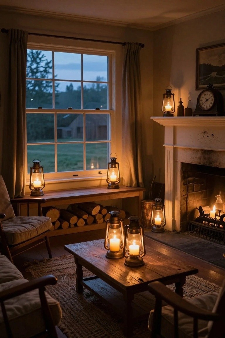 Cozy living room interior at dusk lit by multiple lanterns with candles on window sill, coffee table, mantel, and shelves, featuring a lit stone fireplace, wooden furniture, stacked firewood, and window view of fields and distant barns.