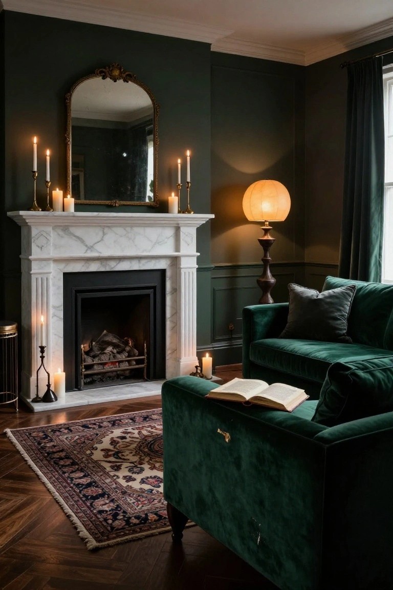 Green-walled living room with white marble fireplace containing burning logs, gold-framed mirror above the mantel lined with lit pillar candles and flanked by gold candelabras, green velvet sofa with open book and pillows, Persian rug on herringbone wood floor, and additional candles and a lamp.