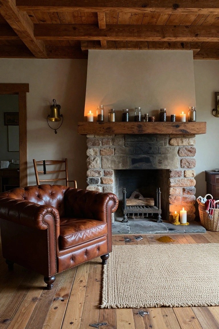 Cozy interior room with exposed wooden ceiling beams, a large stone fireplace topped by a wooden mantel holding multiple candles in jars and holders, a brown leather tufted armchair nearby, wooden floors, and a woven rug.