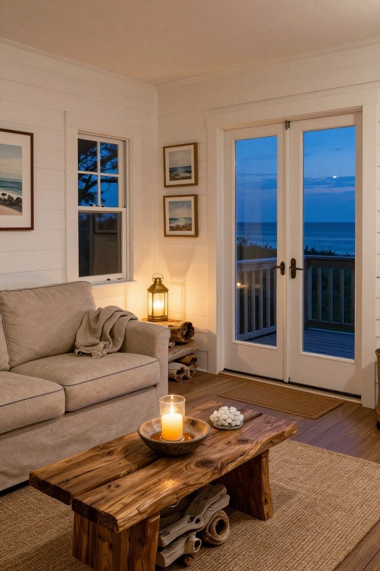 White shiplap living room corner with beige linen sofa, live-edge wood coffee table topped with candle in bowl and shells, brass lantern lamp on wood stack side table, French doors to ocean deck at dusk.