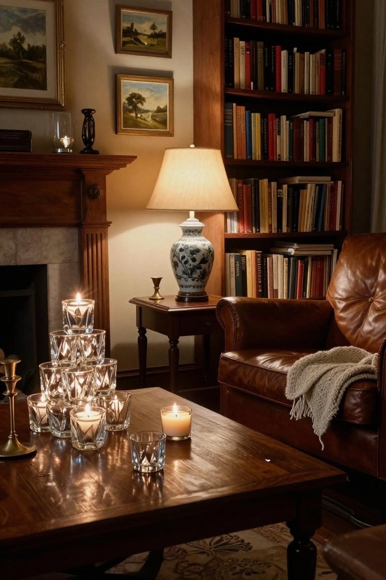 A cozy living room with wooden bookshelves filled with books, a leather armchair with a cream throw, a blue and white porcelain vase on a side table, a lit lamp, fireplace, and a tall pyramid stack of lit candles in faceted glass holders on a wooden coffee table.