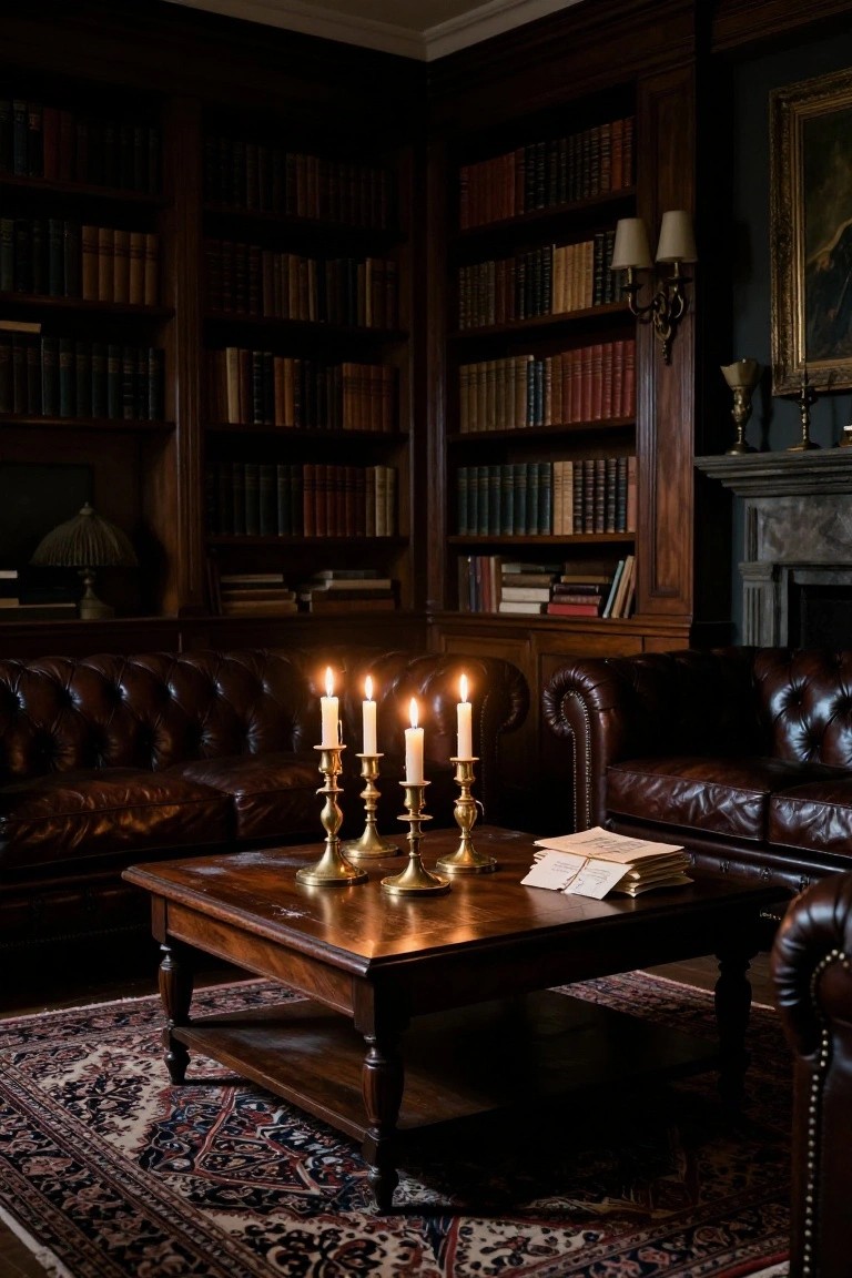 Dark wood-paneled library room with tufted leather sofas around a wooden coffee table holding four brass candelabras with lit candles, bookshelves lining the walls, and a patterned rug on the floor.