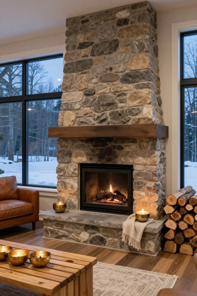 Living room interior with tall irregular stone fireplace wall, burning gas fire insert, gold bowl candles on hearth and tables, firewood stack, leather sofa, coffee table, rug, and large black-framed windows overlooking snowy trees.