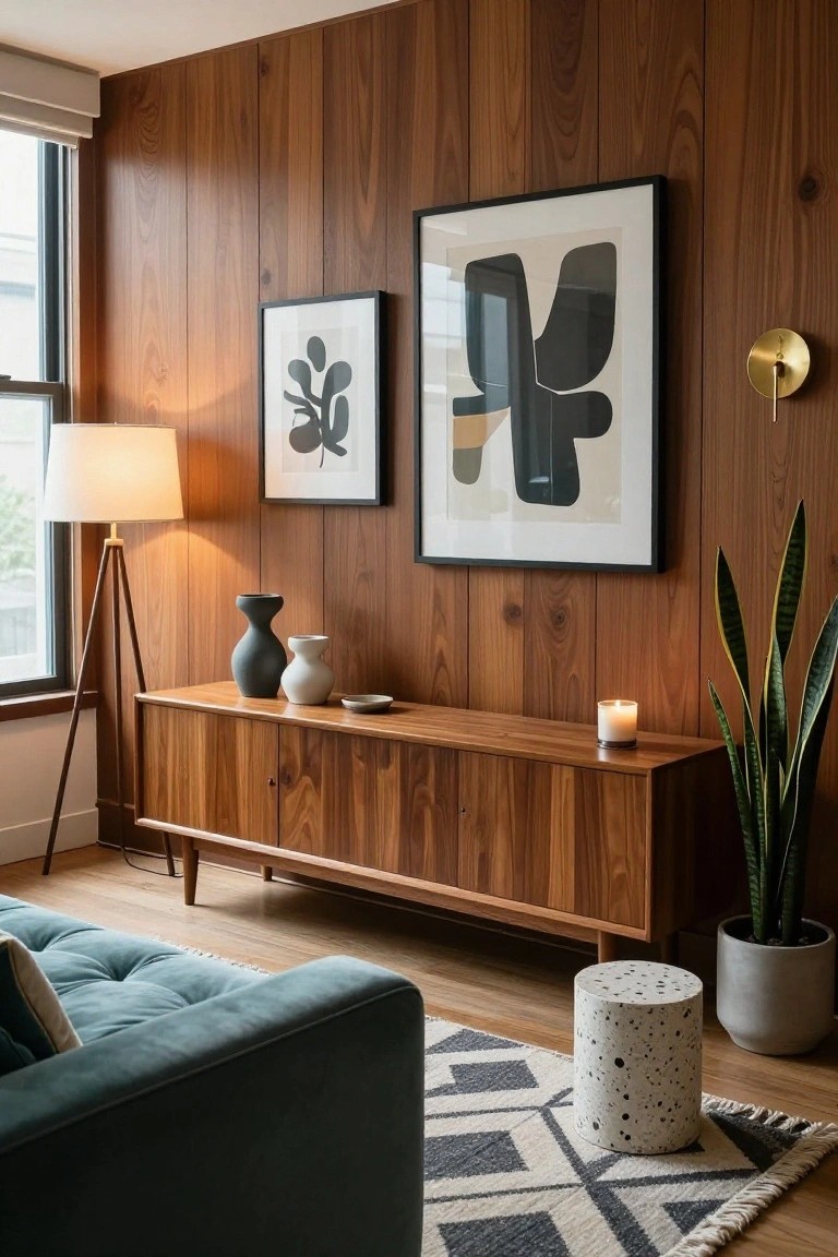 Living room with warm wood paneled walls, wooden credenza topped with black and white vases, small lit candle, dish, abstract black and white framed art, tripod floor lamp, snake plant in pot, concrete stool, tufted teal sofa, and black and white geometric rug on wood floor.