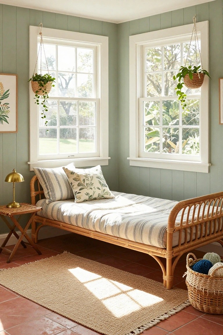 Rattan daybed with striped bedding and pillows in a pale green corner room with large windows, hanging plants, a brass lamp on a folding table, and a seagrass rug on terracotta tiles.