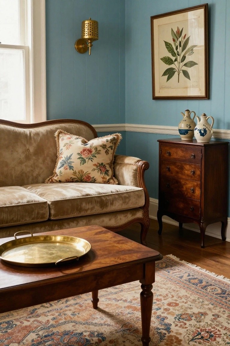Cozy living room corner with curved beige velvet sofa, wooden coffee table holding brass tray, antique wooden dresser topped with two ceramic vases, botanical print on teal paneled wall, brass wall sconce, and patterned rug on hardwood floor.