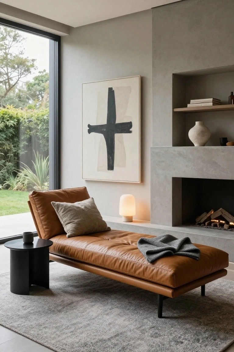 Tan leather chaise lounge with gray throw and pillow next to a black side table in a modern living room beside a concrete fireplace and large windows overlooking a garden.