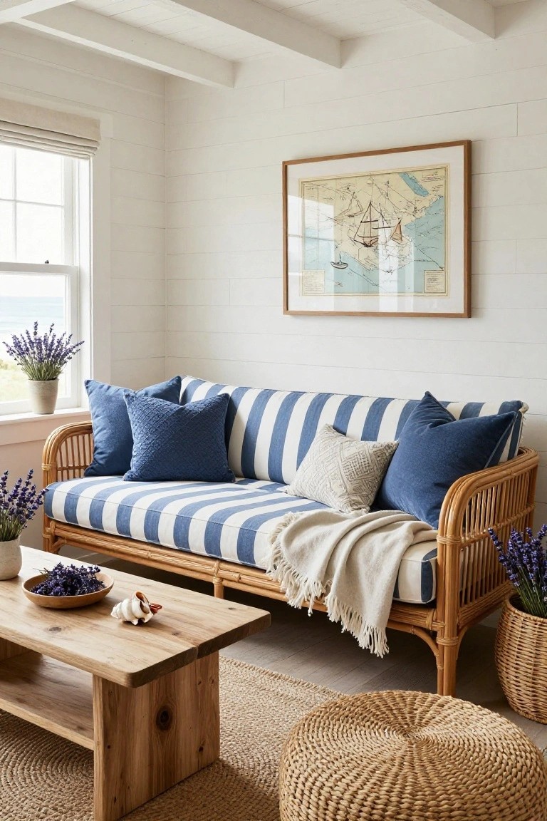 A cozy living room with white shiplap walls and exposed beams, featuring a blue-and-white striped rattan sofa with assorted pillows and a white throw, wooden coffee table holding shells and lavender, rattan pouf, potted lavender plants, and a framed nautical map beside a window overlooking the ocean.