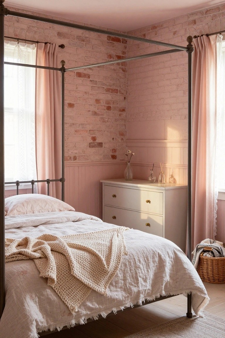 Bedroom with pink-toned exposed brick walls, pink-painted wainscoting, black iron canopy bed with white linens and throw, white dresser with glass vases, and pink curtains on two windows.