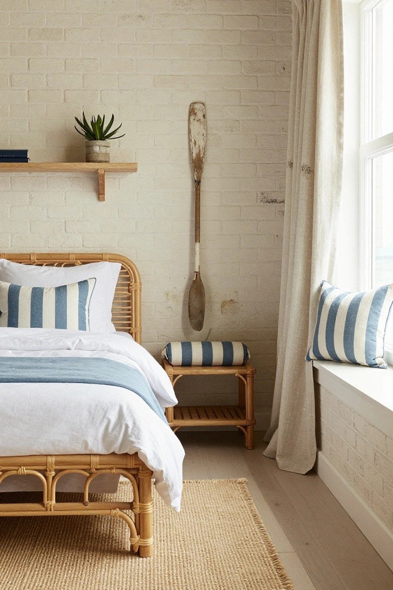 Bedroom with whitewashed exposed brick walls, rattan bed frame with white sheets and blue striped pillows and throw, wooden oar mounted on wall, potted succulent on oak shelf, rattan side table, and window seat with matching striped pillow.