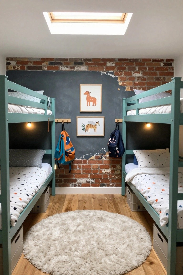 Teal bunk beds positioned against an exposed brick wall in a small children's bedroom with white bedding, animal prints, backpacks, storage bins, a white fluffy rug, and skylight above on wooden floors.